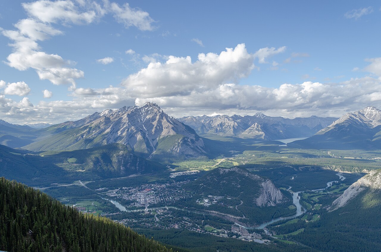 The town of Banff and the Bow Valley seen from the summit of Sulphur Mountain